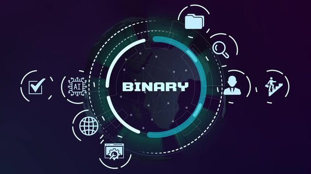 Digital binary code and computer logic programming concept featuring glowing data icons and futuristic technology background.