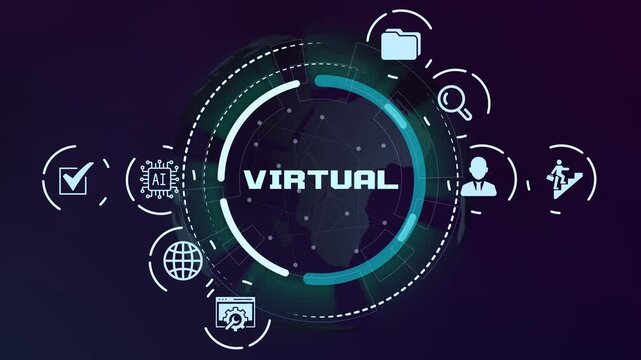  Advanced virtual reality and digital simulation technology concept with glowing interface icons and futuristic electronic network lines.