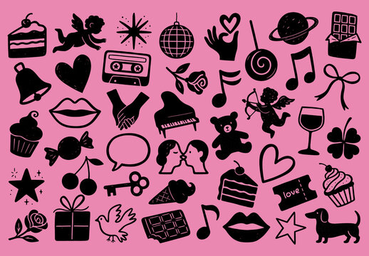 Whimsical Icons On Pink Background Element Set