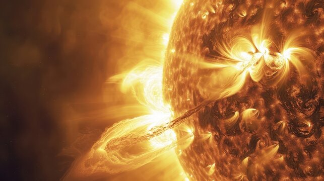 A vivid close-up of the sun showing intense solar flares and magnetic activity in bright golden hues.