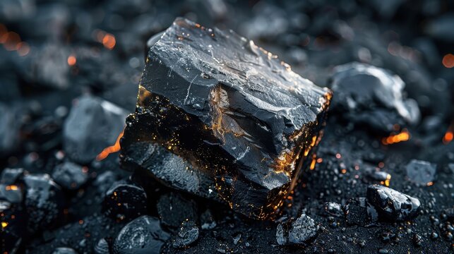 Close-up of a shiny, textured piece of coal surrounded by smaller coal fragments with glowing embers in a dark setting.