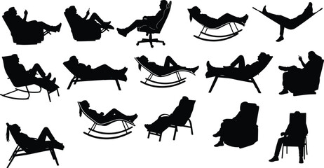 Fototapeta premium Relaxing People Silhouette Set with Lounge Chairs Recliners Rocking Seats and Resting Poses Collection for Lifestyle Comfort and Leisure Design