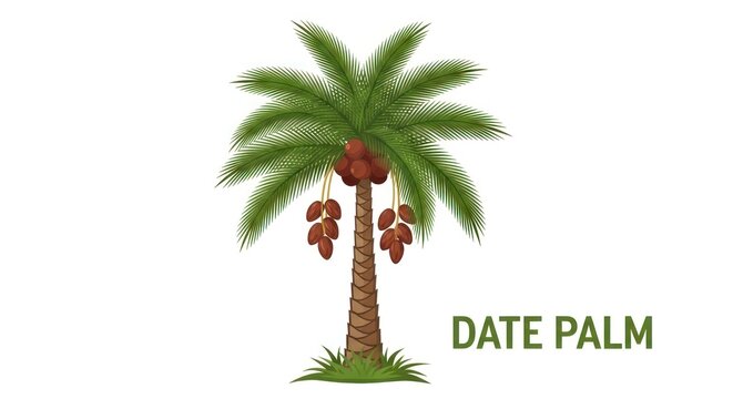 Illustration of a healthy date palm tree with ripe dates hanging.