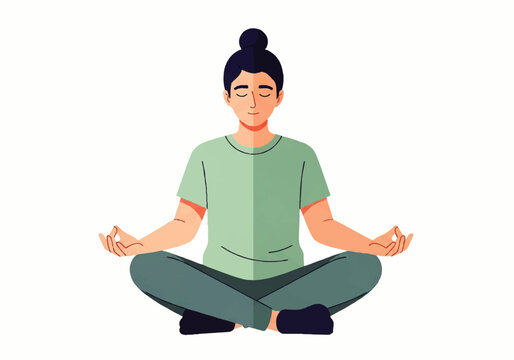 A serene Flat Design Ilustration Vector of a young woman meditating in a lotus position with her eyes closed against a clean white background.