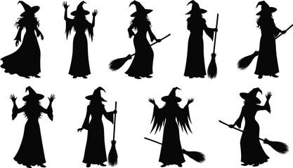 Halloween witch silhouette set vector illustration featuring magic broom female sorcerer characters isolated black spooky fantasy design collection © Nusaiba's World