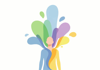 Fototapeta premium A vibrant Flat Design Ilustration Vector of two people standing back-to-back with colorful, abstract shapes bursting out from between them, against a clean white background.