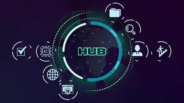 Central digital hub concept with various technology icons connecting to a main point for data synchronization.

