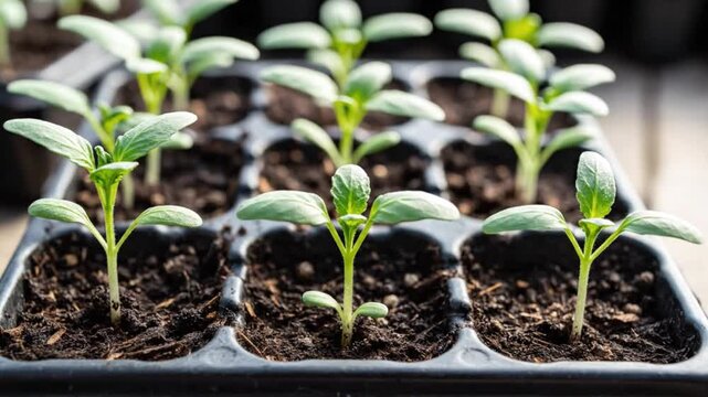 High angle timelapse of multiple green seedlings growing simultaneously in a black plastic nursery tray with rich soil