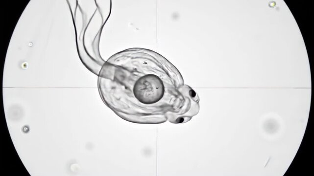 Detailed microscopic view of a single-celled protist under microscope, showcasing its transparent body, internal structures, and active movement with a long flagellum, illustrating the fascinating