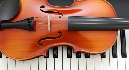 Fototapeta premium Classical Violin Resting on Piano Keys Representing Musical Harmony Orchestral Performance and Artistic Composition