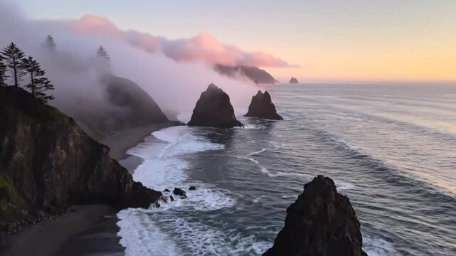 Dramatic coastline with sea stacks and rolling fog over rocky cliffs at sunset capturing cinematic ocean waves and moody nature