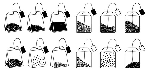 Tea bags illustration collection of black and white tea bag set vector illustration, Tea bag hand drawn vector symbol icon on white background. 