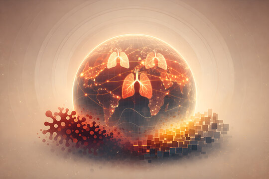 Global pandemic abstract concept showing human lungs icons on earth globe with red virus cells and medical data charts on a textured background