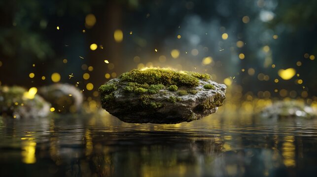 Mossy rock levitates over calm water, illuminated by golden particles