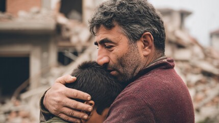 Emotional embrace of a father and his injured child amidst ruins emotional scene despairing environment close-up view