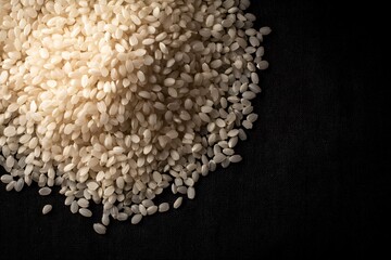 Macro closeup of japanese rice grains on black background food photography studio environment