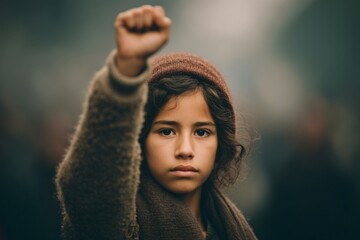 Silent protest of a girl raising fist urban street emotional close-up inspirational atmosphere empowerment theme