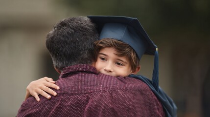 Child embracing teacher after graduation ceremony school grounds emotional moment outdoor close-up celebration of achievement