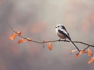 Long-tailed tit perched on autumn branch with faded leaves nature photography soft color palette