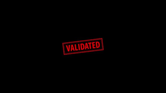 Red validated stamp with strong impact animation on black background. Validated punch effect for audit approval, document verification, compliance check and official business confirmation