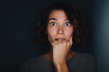 Woman in panic turning suddenly in dark room captured emotionally intimate close-up dramatic lighting