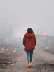 Woman walking away from conflict urban setting photo foggy environment back view emotional journey