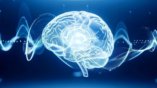 Brainwave waveform pulsing with energy, transparent brain above oscillating sine wave with frequency peaks and amplitude changes, electroencephalogram style visualization, neurologist