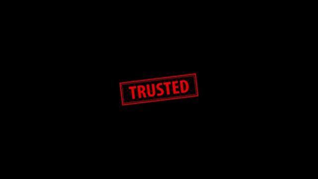 Red TRUSTED stamp with powerful stomp animation on black background. Perfect for corporate credibility, compliance approval, audit reports, verification process, and official validation visuals
