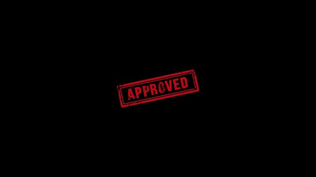 Red APPROVED stamp with powerful stomp animation on black background. Perfect for loan approval, business verification, compliance success, audit pass, and official validation visuals