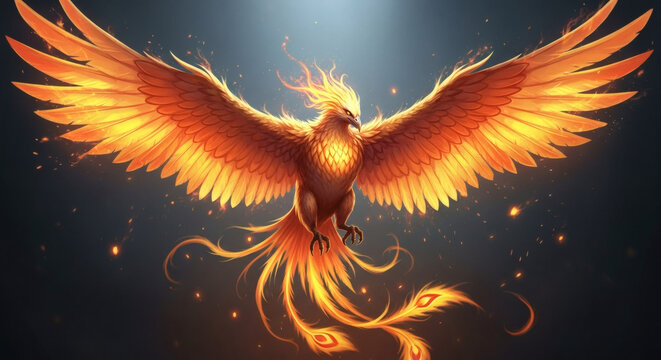 Illustration of a majestic mythical phoenix, a firebird with wings ablaze in orange and red flames, symbolizing fiery rebirth and eternal renewal