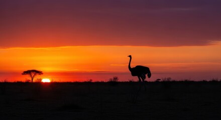 Ostrich Standing at Sunset.