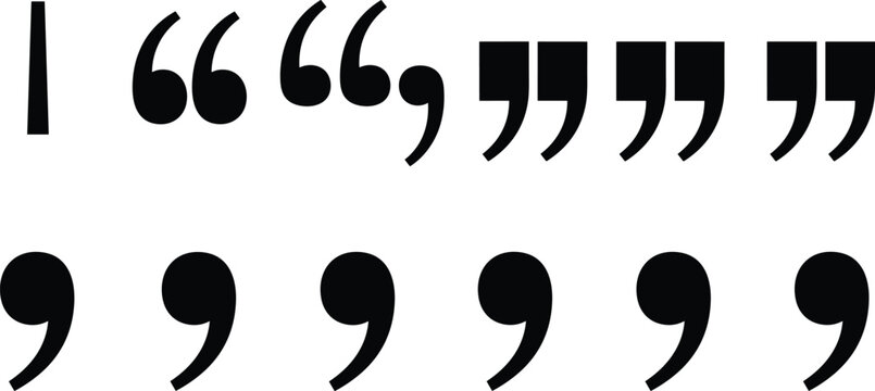 Black quotation marks set, comma and apostrophe punctuation icons, speech bubbles symbols, text formatting elements, grammar signs vector illustration, editorial.