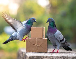 Fototapeta premium Two pigeons interact with wrapped packages on a stone surface outdoors
