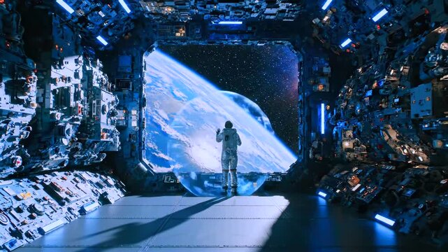 Astronaut observes instruments, Female astronaut interacts with control panels and assesses data, Space traveler monitors and analyzes systems within spacecraft and orbital station