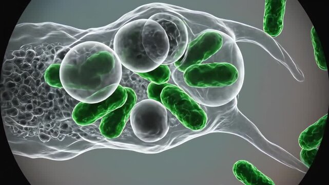 Microscopic view of a protist engulfing green rod-shaped bacteria cells in a dynamic cellular process, showcasing phagocytosis and internal digestion within a scientific research context, educational