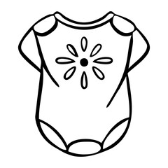 Baby onesie outline icon simple infant bodysuit featuring floral motif line art on white background, clean