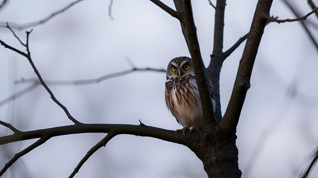 Little Owl Athene noctua in an oak-tree in the evening