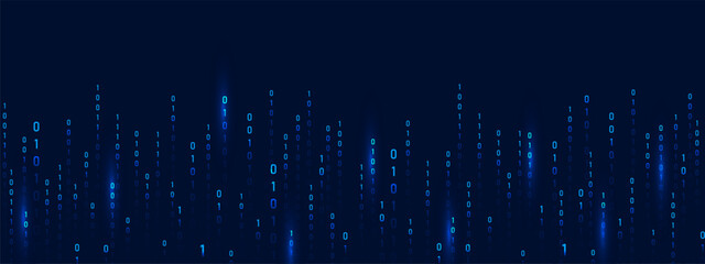 Binary code Rain. Blue matrix and abstract computer background. Technology and security in futuristic cyber space with depth and science fiction. Vector illustration.