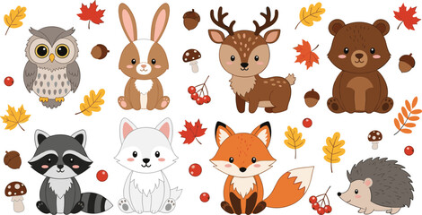 Obraz premium Cute Woodland Animals Collection with Fox, Bear, Deer, Raccoon, Owl, and Autumn Leaves for Kids Illustration, Nursery Decor, and Seasonal Designs