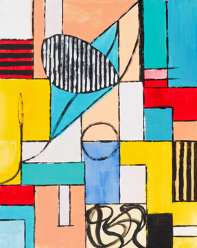 An abstract painting with linear and curved elements