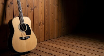 Classic Acoustic Guitar Leaning Against a Natural Brown Wooden Wall on a Matching Plank Floor with Dramatic Side Lighting and Dark Shadows Creating a Warm Musical Atmosphere for Art and Creative Desig