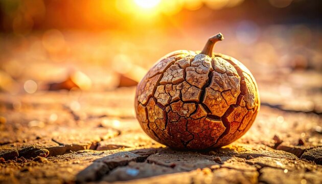 FlyPro_Firefly presents a cracked, leathery skin of a dried-up fruit lying on barren ground, captured in a high-resolution photographic style with bright, focused detail.