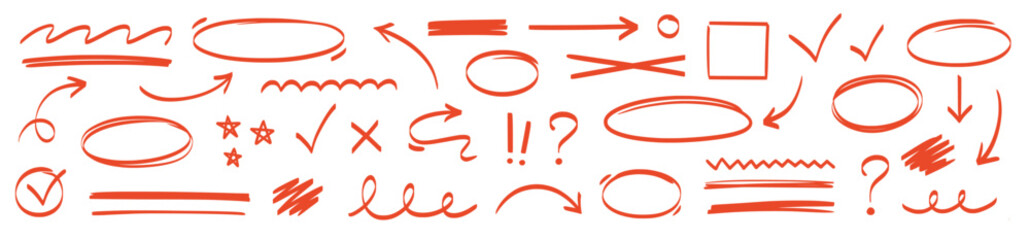Line pen red highlight arrow set. Line pen hand drawn marker stroke red underline, check mark, emphasis. Arrow, star, round frame marker scribble stroke icon elements. Vector illustration © Polina Tomtosova
