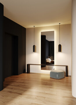 Stylish hallway with entryway mirror. Accent wall. Home or hotel room