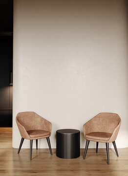 Cozy space with two armchairs and table. Hallway or lobby scene