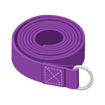 Purple yoga strap rolled neatly with metal D-ring, isolated on a white background, highlighting fitness accessory design and functionality