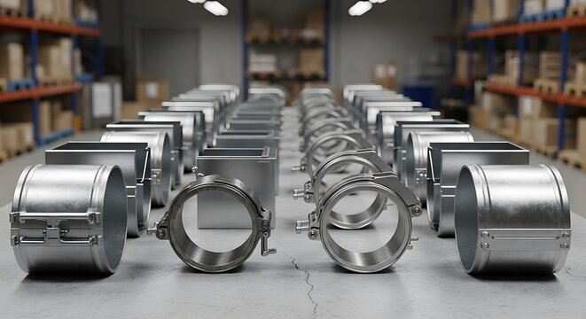 Symmetrical rows of galvanized steel air duct clamp hardware arranged on a concrete warehouse floor for industrial HVAC supply and ventilation systems