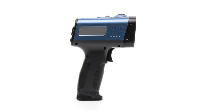 Blue and black handheld thermal detector isolated on white background with ergonomic grip and digital display