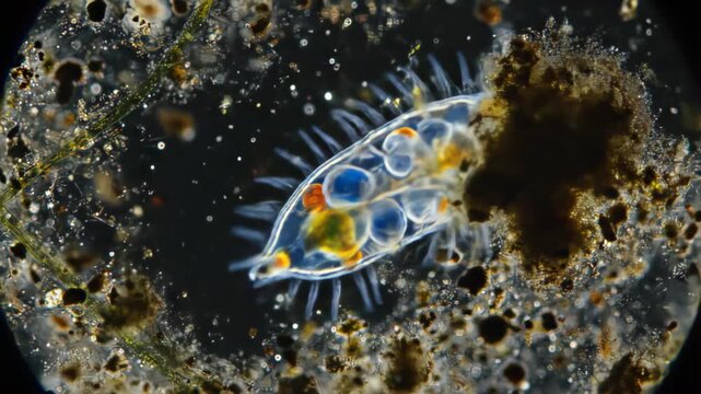 Captivating microscopic view of a transparent protist under microscope, showcasing intricate internal structures and cilia, moving through murky aquatic environment with organic debris and particles