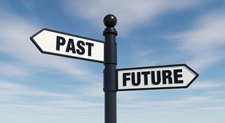 Fototapeta premium Street Signpost with Opposite Arrows Pointing Toward Past and Future Against a Blue Sky